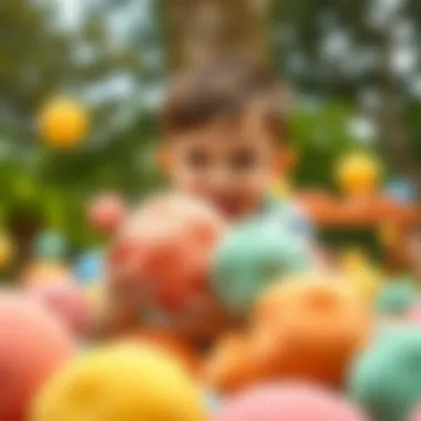 Child engaging with sponge balls in an outdoor environment
