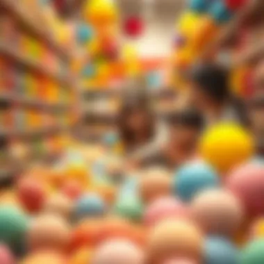 Parents and children selecting sponge balls in a toy store