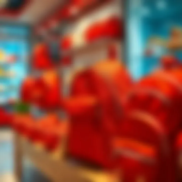 An array of stylish red school bags showcased in a boutique.