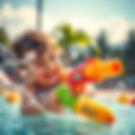 A child joyfully playing with a water gun on a sunny day