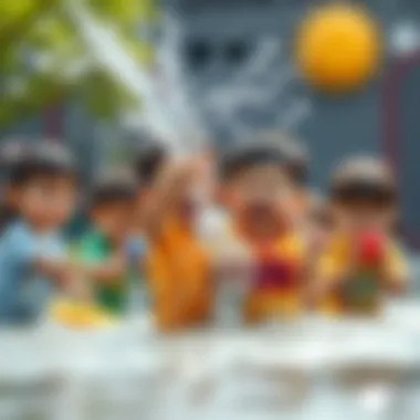 Engaging in Water Fun A group of children engaging in a water fight, promoting social interaction
