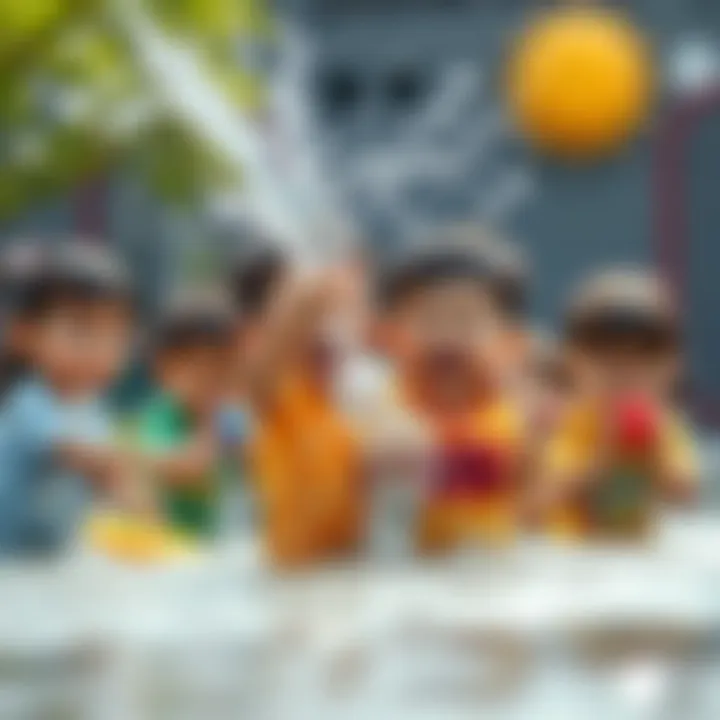 Engaging in Water Fun A group of children engaging in a water fight, promoting social interaction