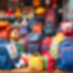 A diverse range of school bags displayed on a market stall