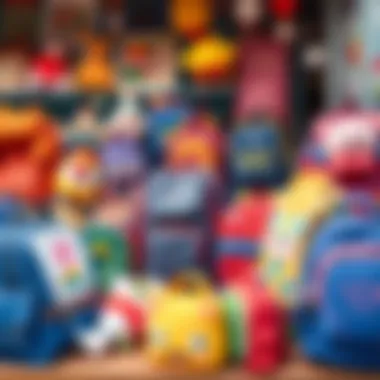 A diverse range of school bags displayed on a market stall