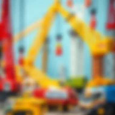 Various brands of toy cranes displayed together