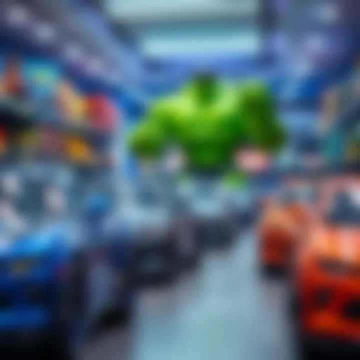 Trendy Hulk cars displayed in a modern toy store