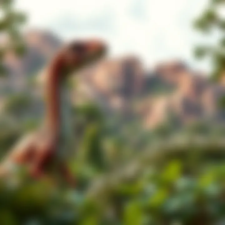 A towering long-necked dinosaur in a prehistoric landscape