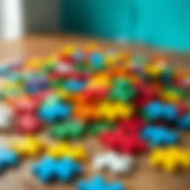 Colorful puzzle pieces scattered on a wooden surface.